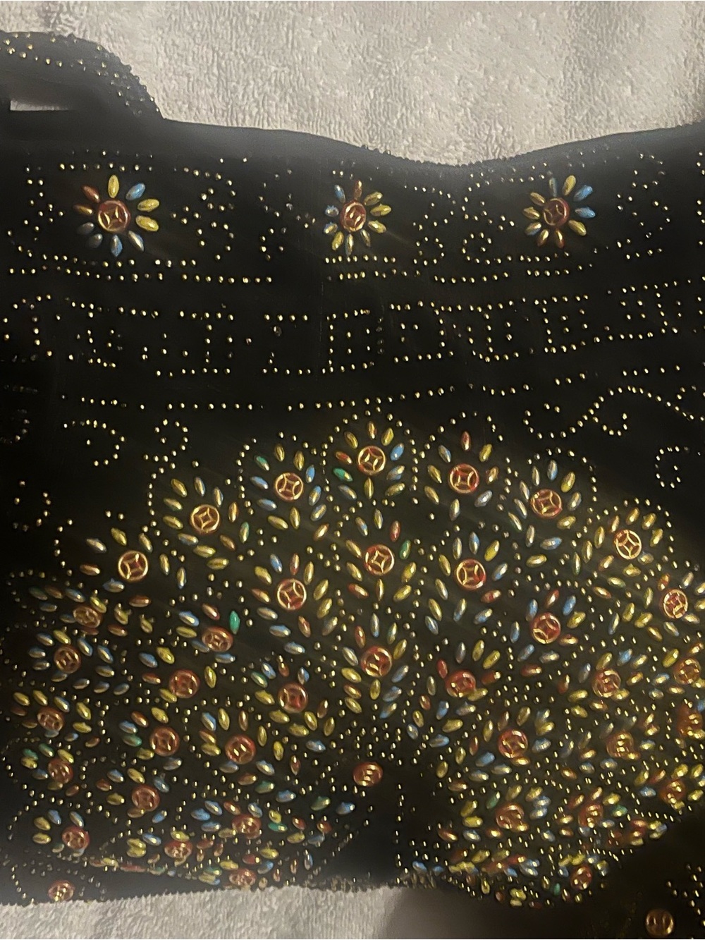 Black Vintage Beaded Peacock Corduroy Drawstring Bucket Shoulder Bag